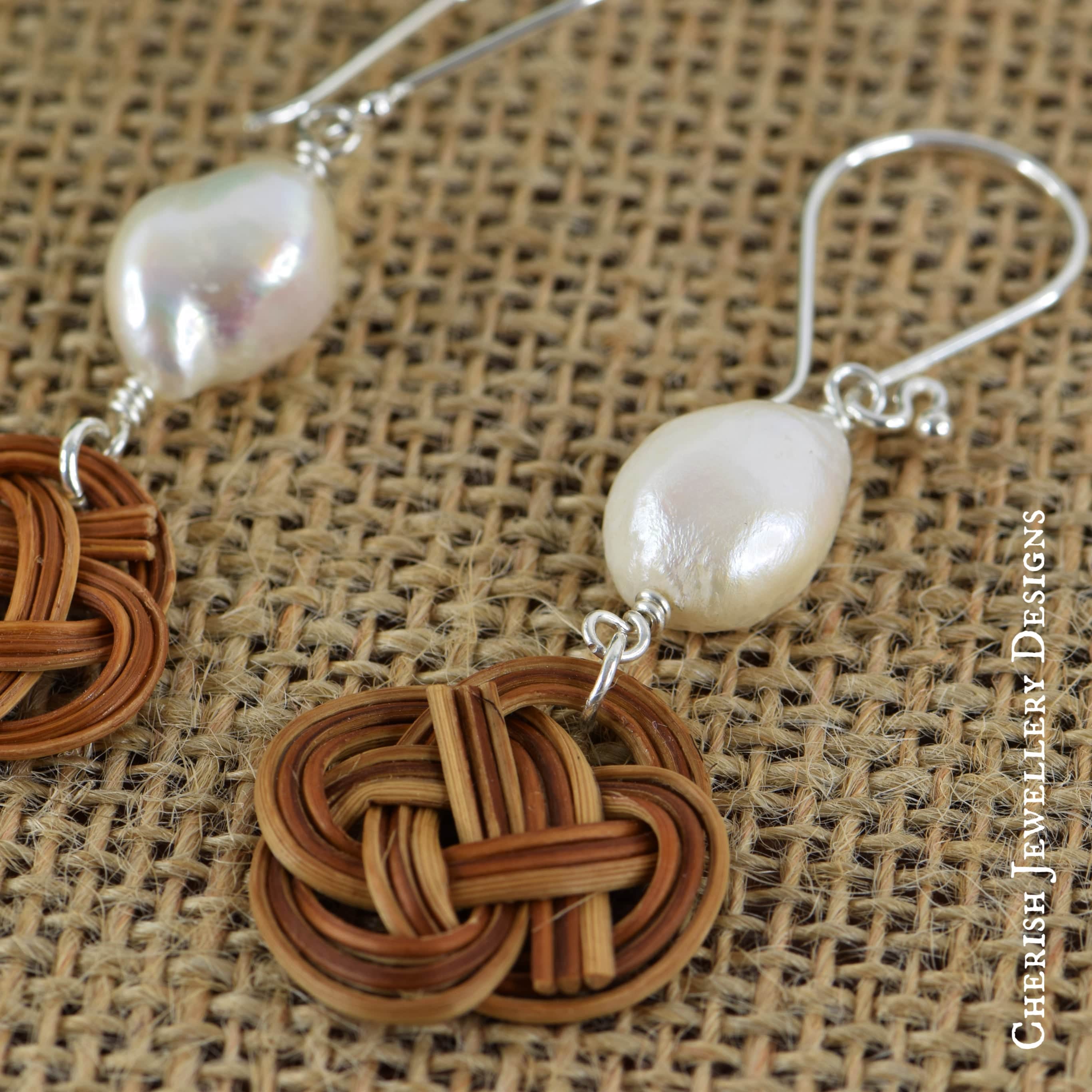 Freshwater Pearl Celtic Knot Rattan Earrings - Image 3