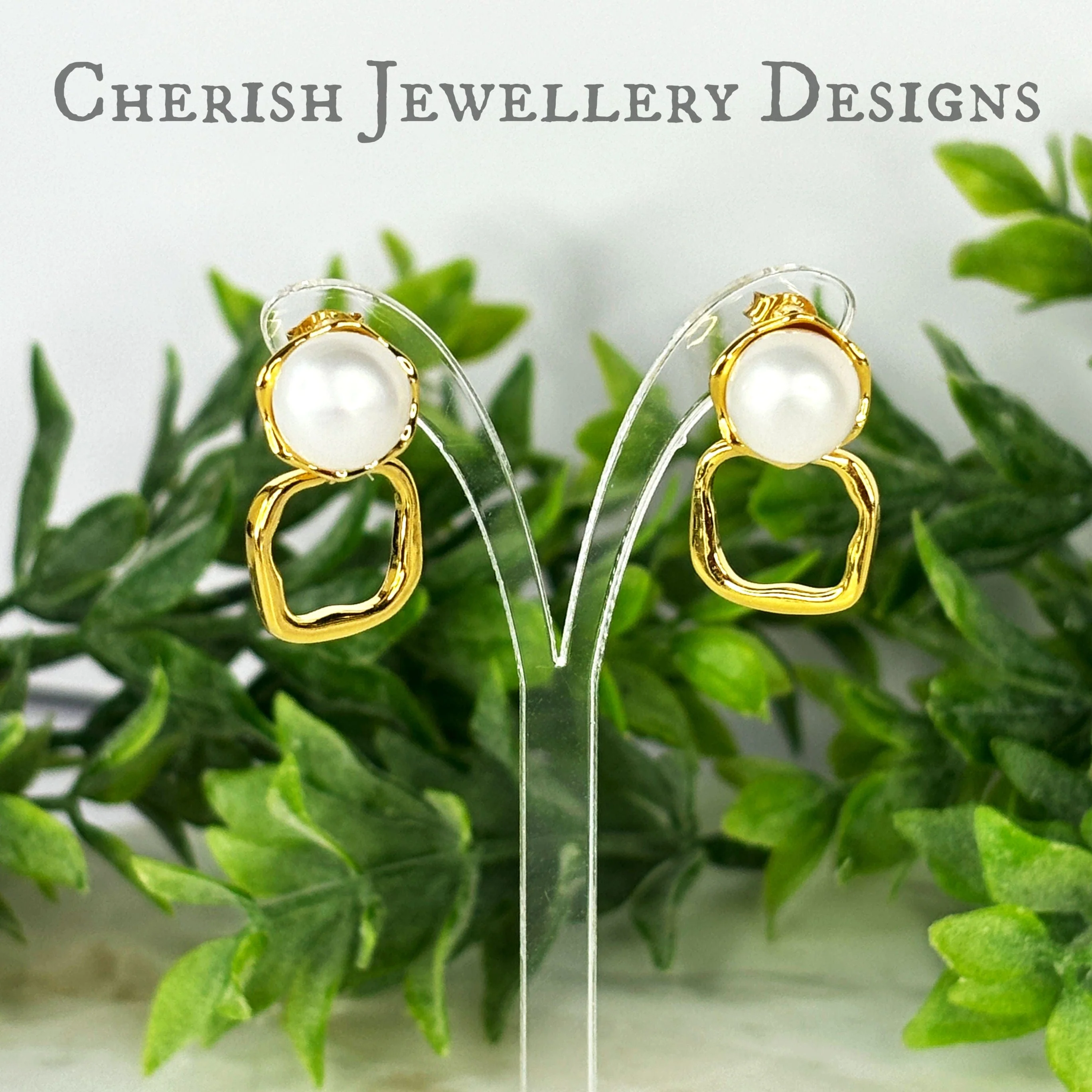 Isla Pearl Stud Earrings with organic square drop - silver or gold - Image 2