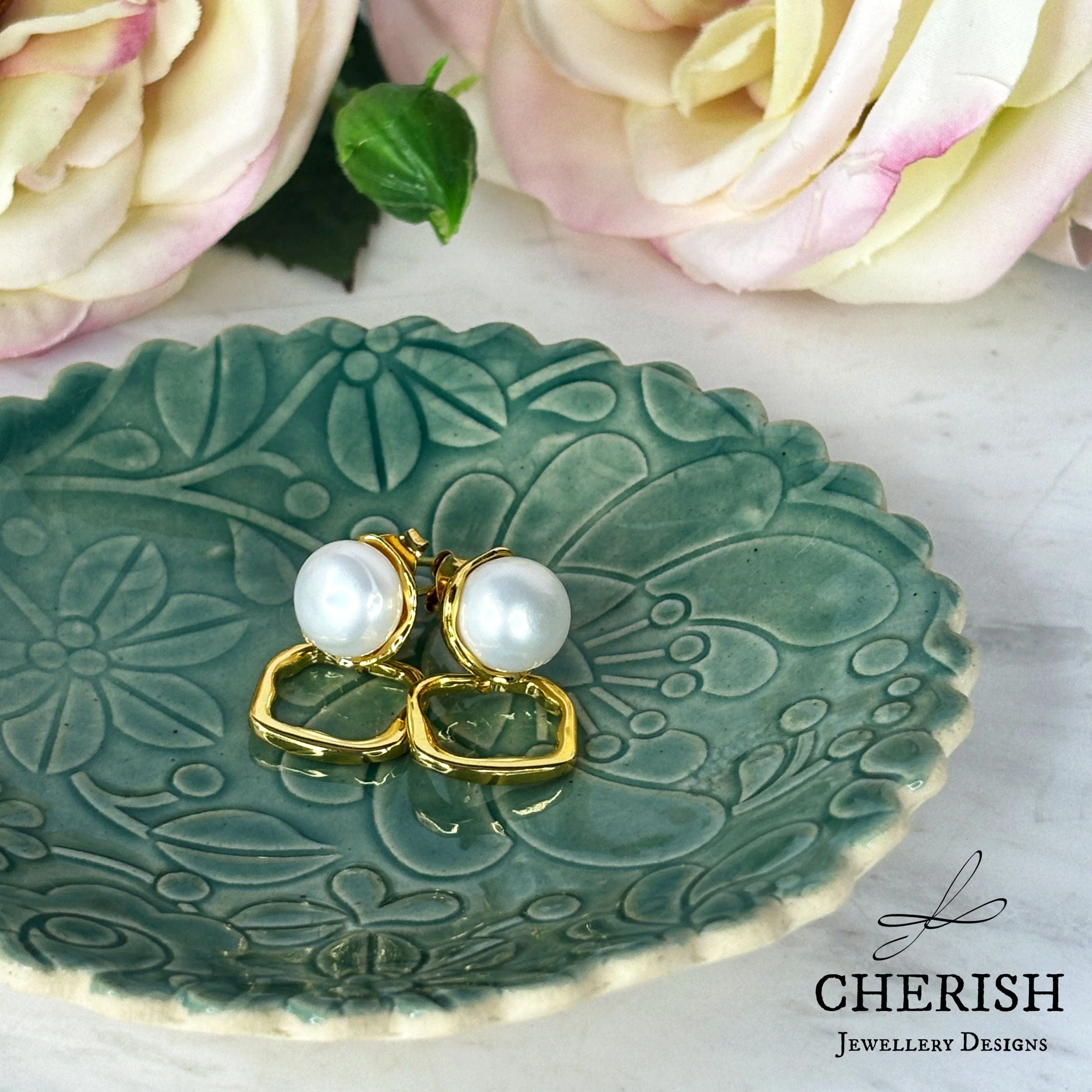 Isla Pearl Stud Earrings with organic square drop - silver or gold - Image 3