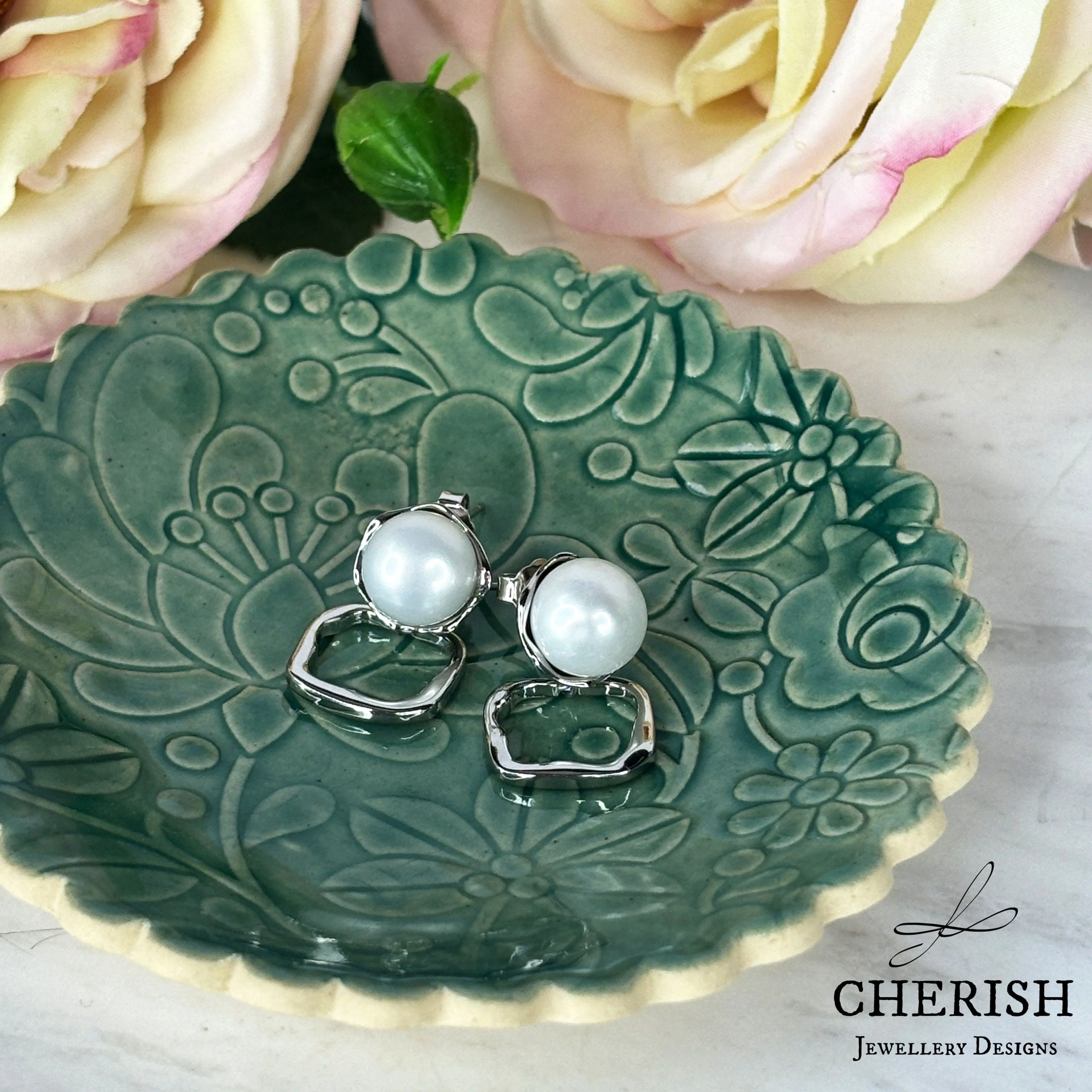 Isla Pearl Stud Earrings with organic square drop - silver or gold - Image 4