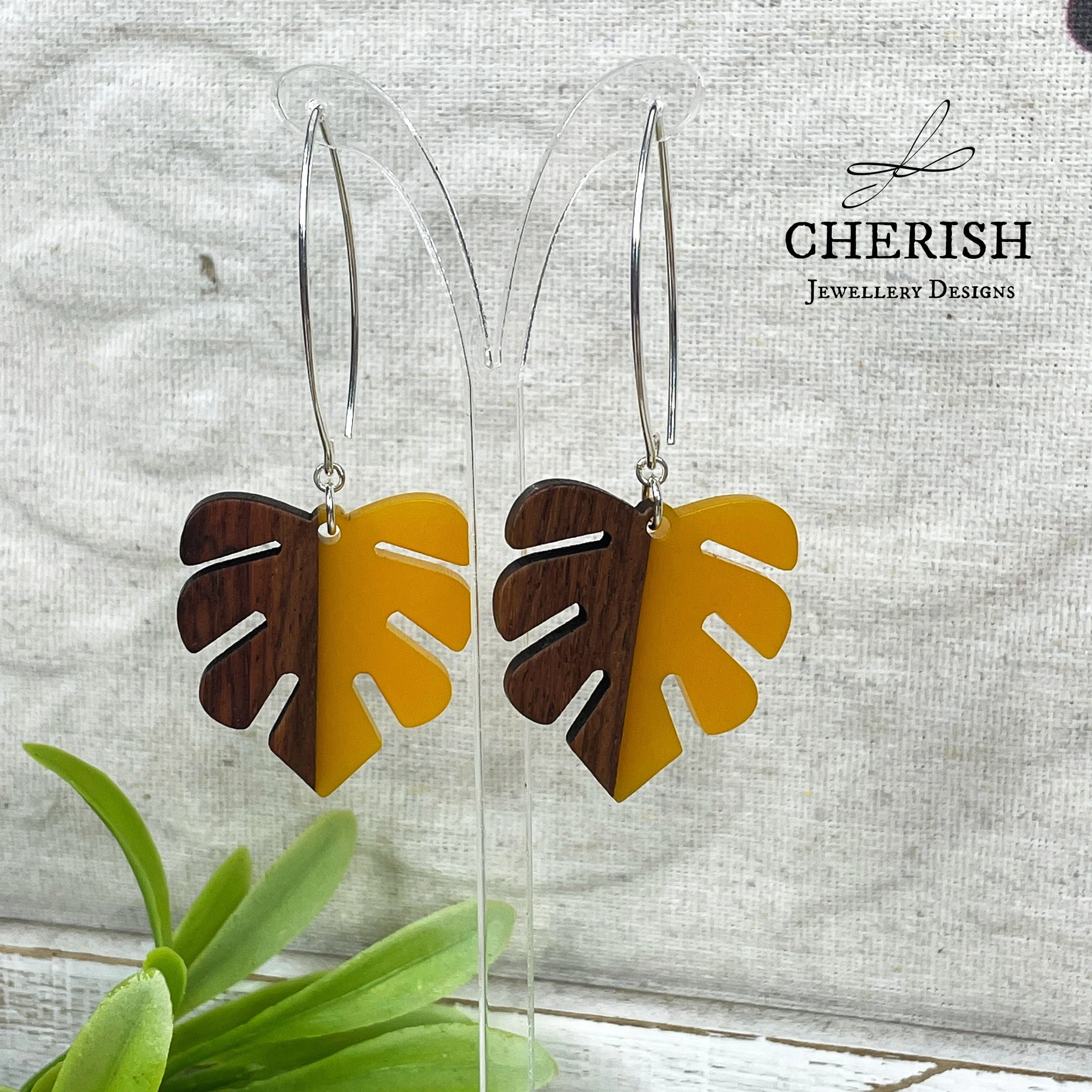 Monstera Resin & Wood Earrings - Pineapple - Image 2