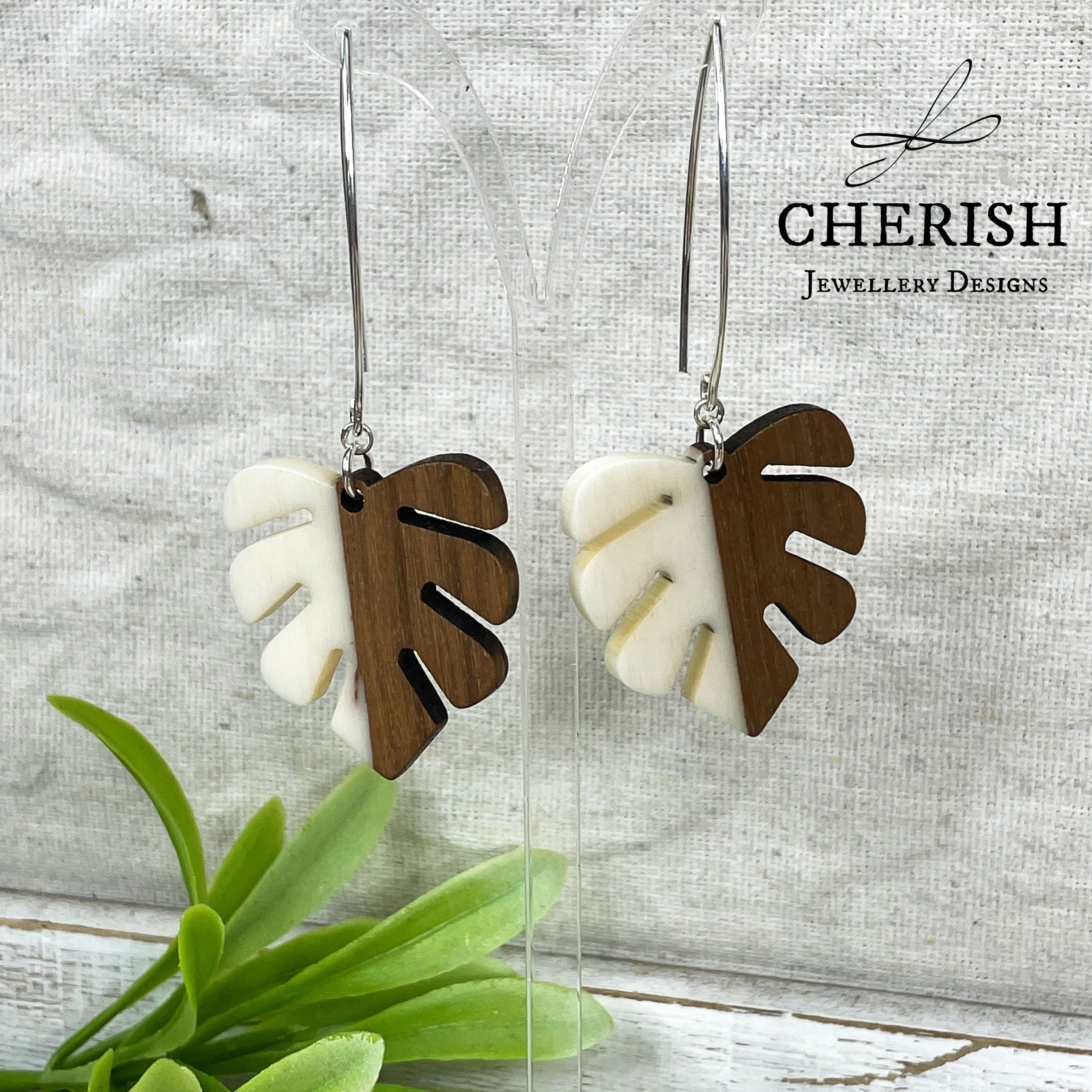 Monstera Resin & Wood Earrings - White - Image 2