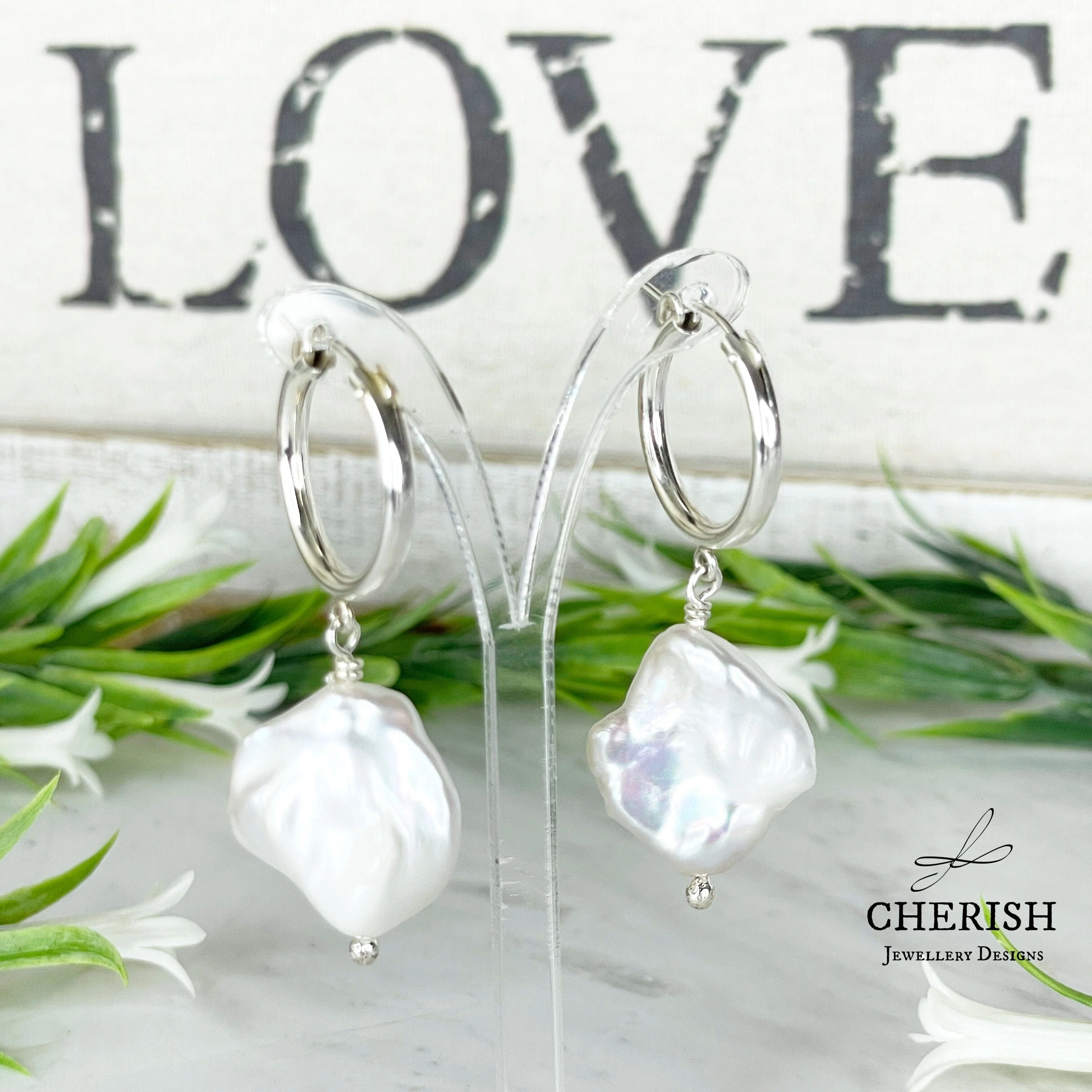 SS Hoops with Keshi Pearl drops - Image 2