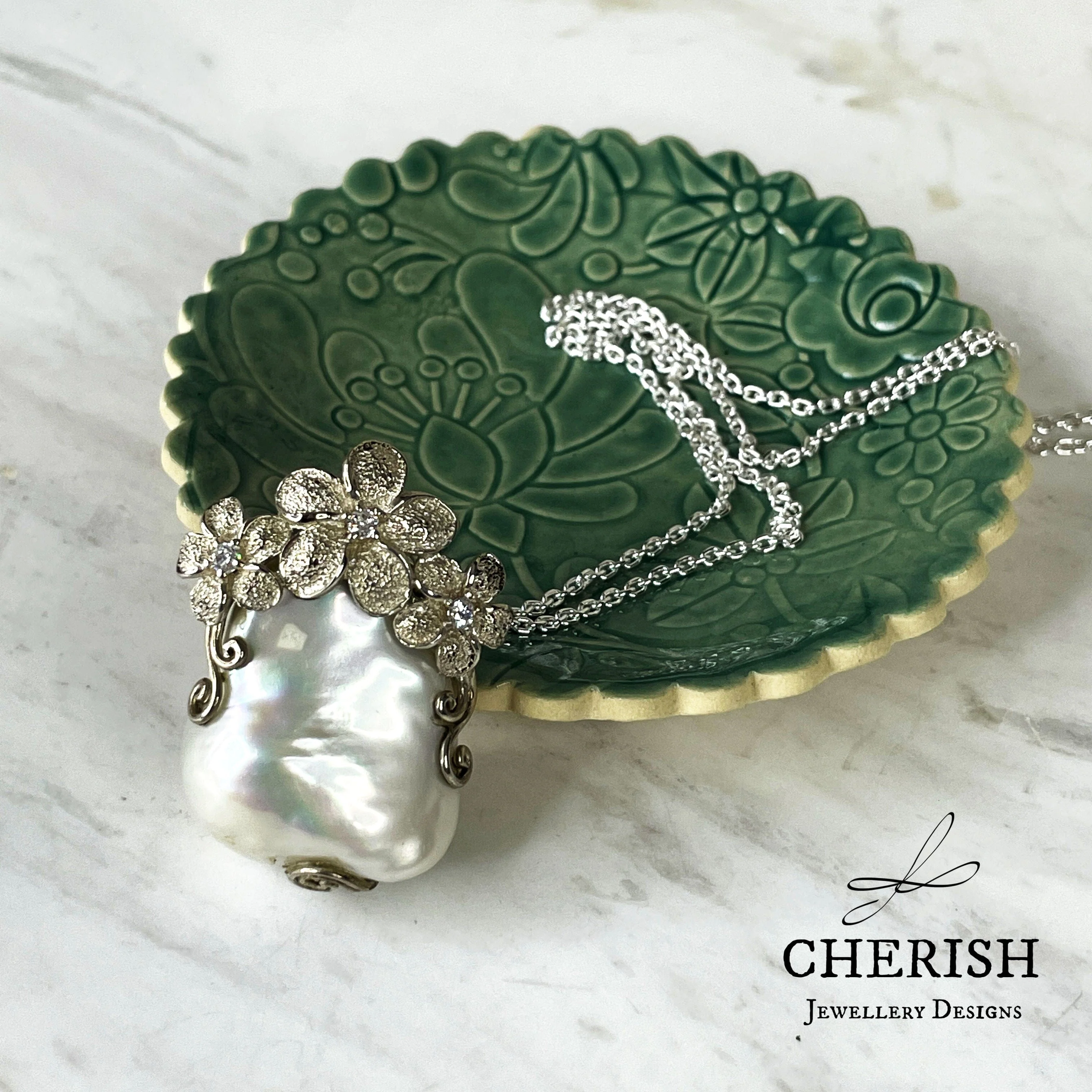 Sterling Silver Baroque Pearl Pendant with Flowers - Image 2